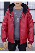 Kids Boys Shiny Colored Zip Closure Useful Side Pockets Solid Pattern Leather Jacket