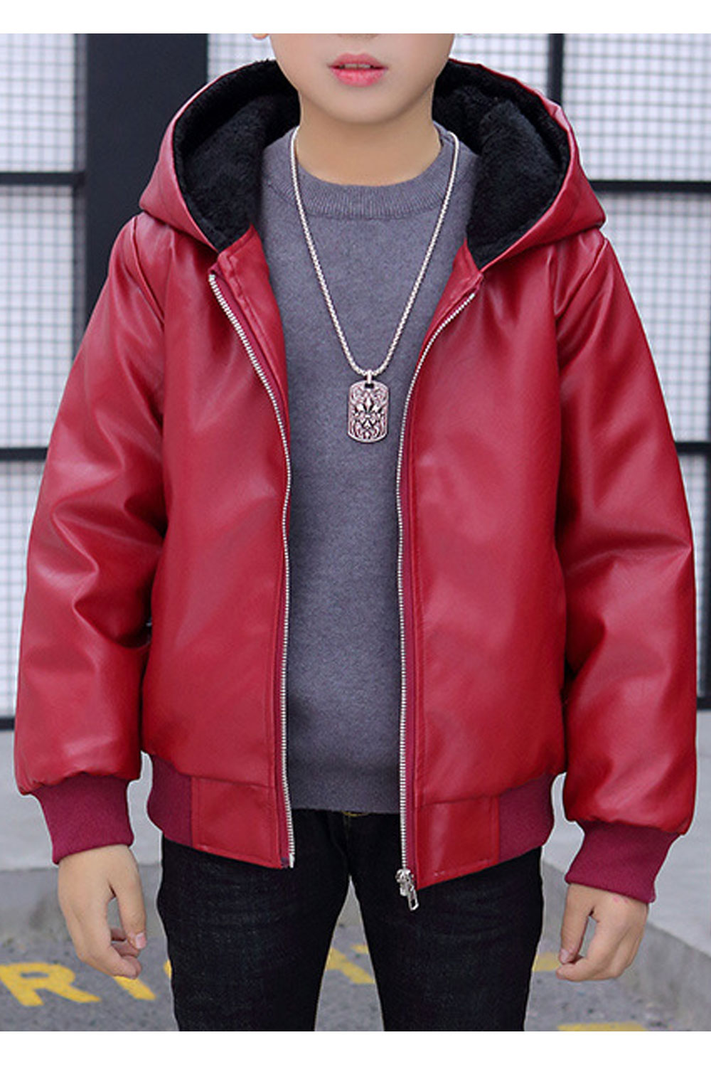 Kids Boys Shiny Colored Zip Closure Useful Side Pockets Solid Pattern Leather Jacket