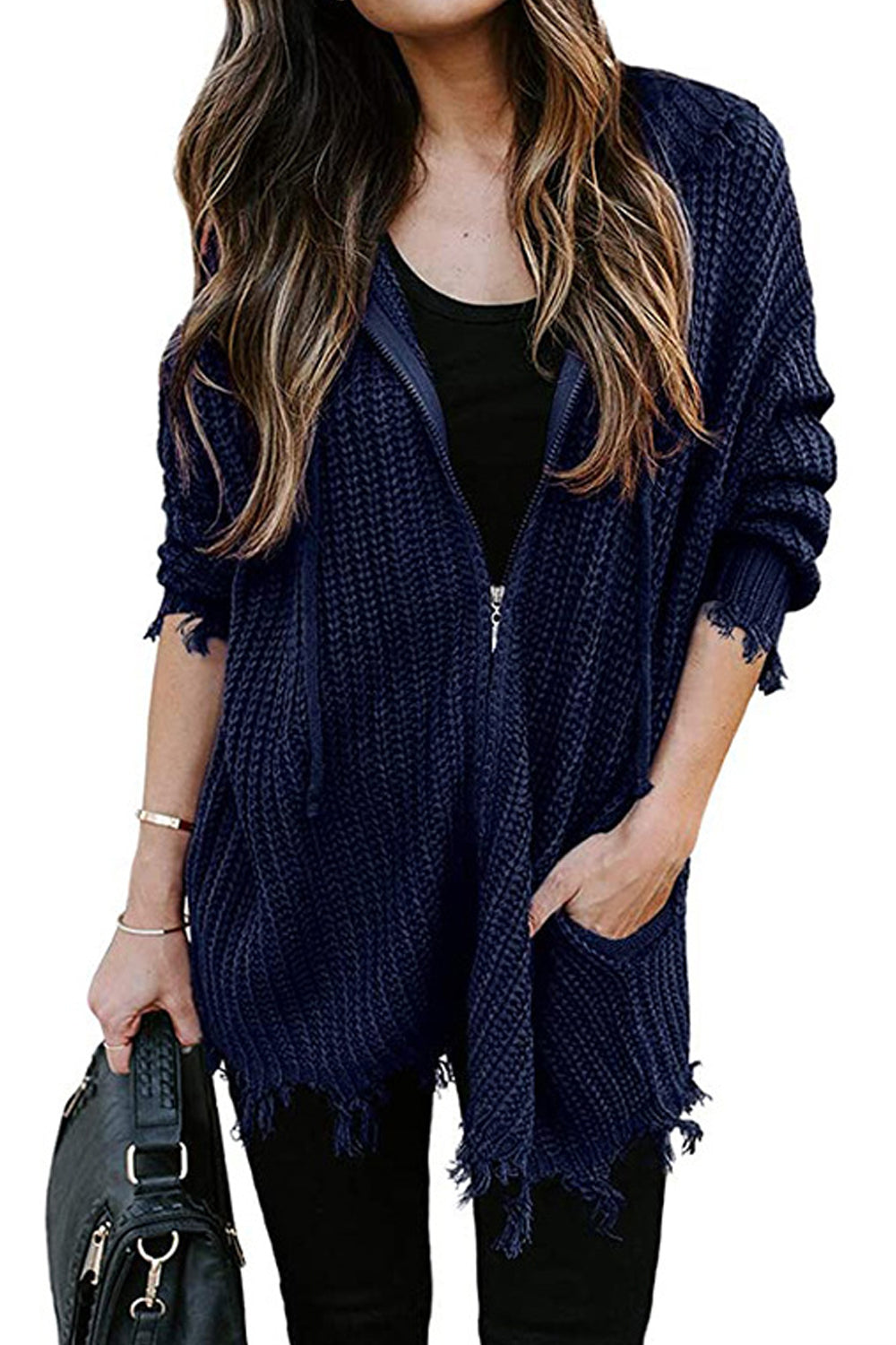 Women Fancy Zipper Closure Front Pockets Drawstring Hooded Neck Loose Fit Winter Warm Cardigan
