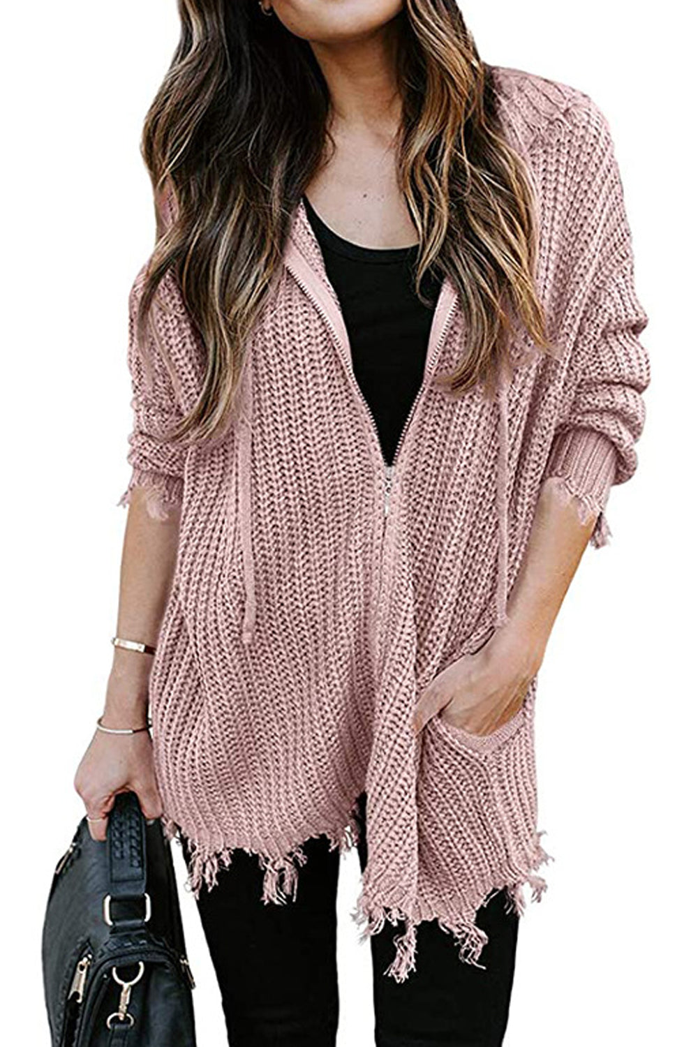 Women Fancy Zipper Closure Front Pockets Drawstring Hooded Neck Loose Fit Winter Warm Cardigan