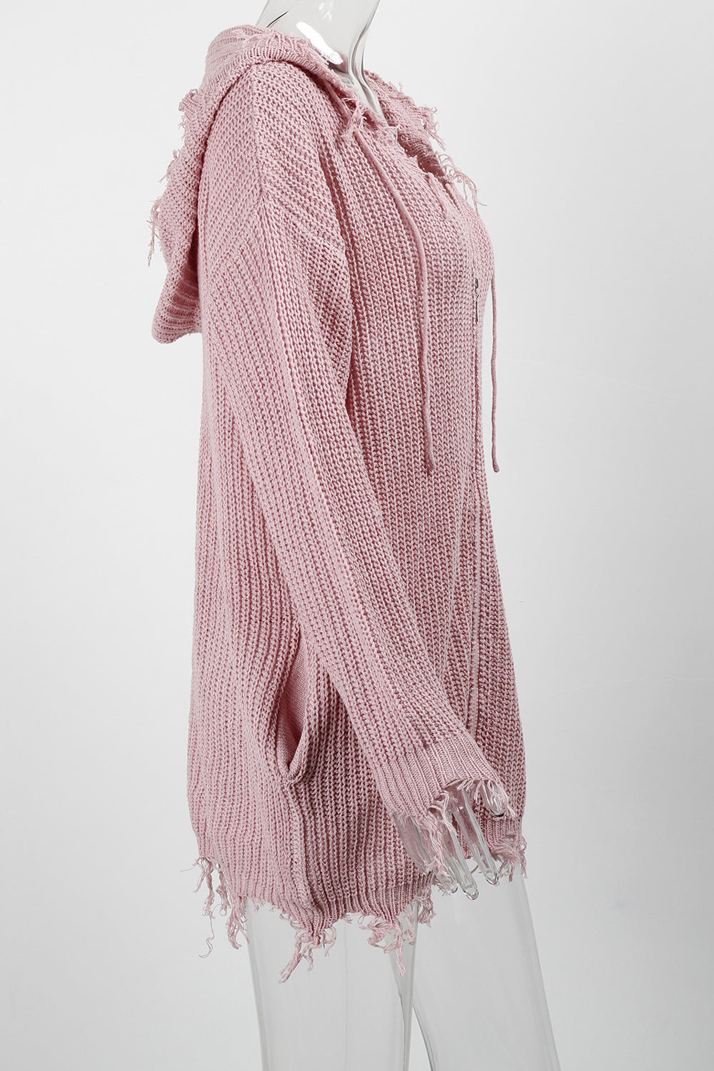 Women Fancy Zipper Closure Front Pockets Drawstring Hooded Neck Loose Fit Winter Warm Cardigan