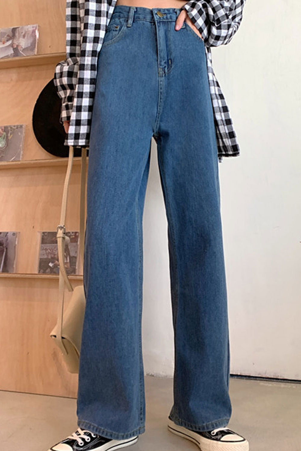 Women Beautiful Solid Colored Restful Wide-Legs Comfortable High-Waist Casual Denim Jeans