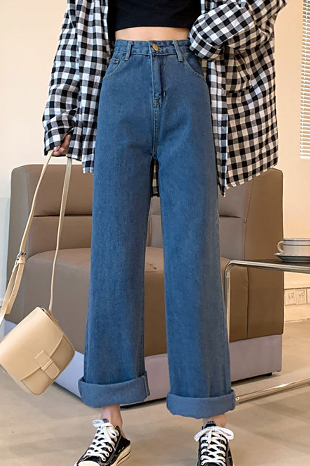 Women Beautiful Solid Colored Restful Wide-Legs Comfortable High-Waist Casual Denim Jeans