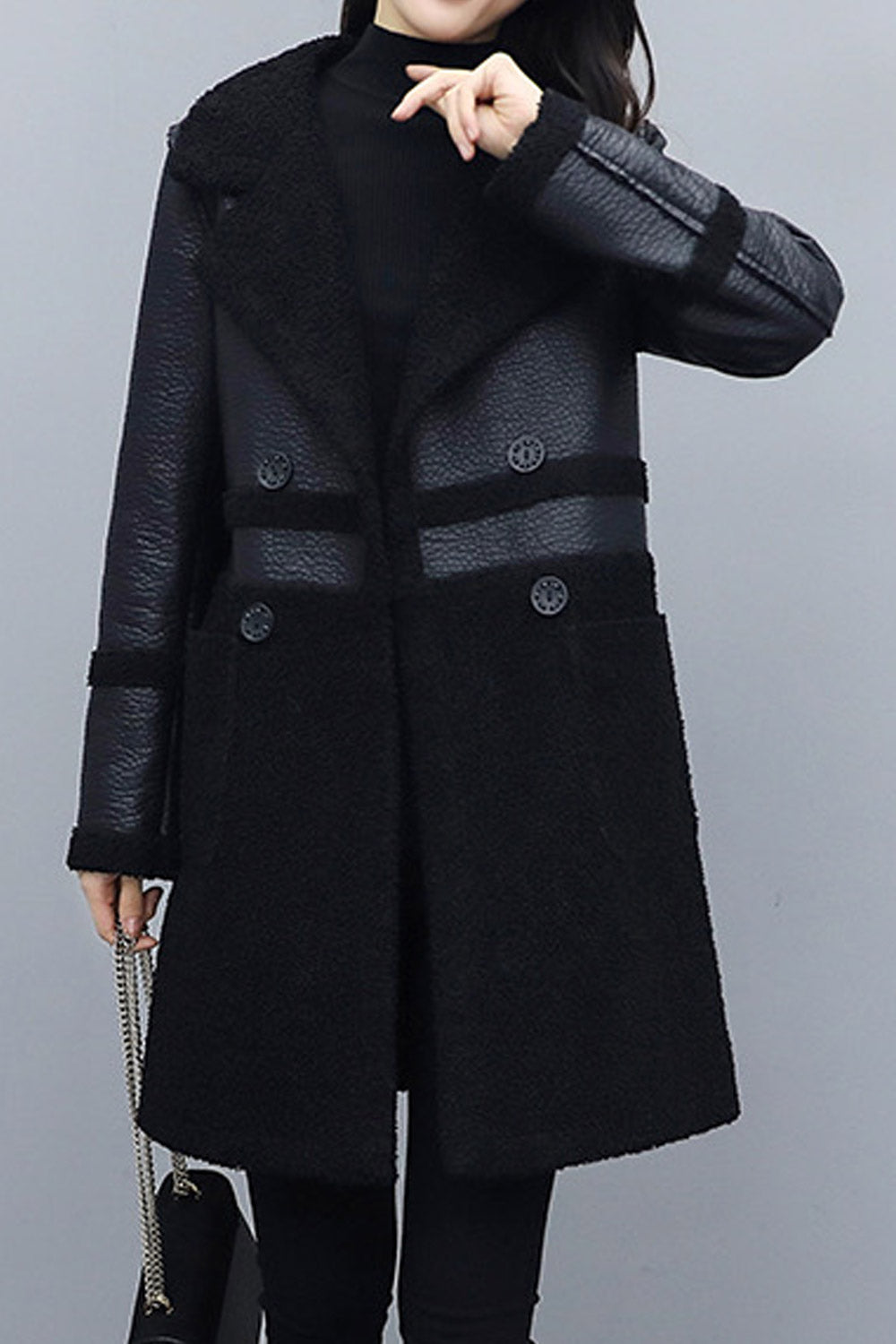 Women Super Snug Lapel Collar Buttoned Fastener Long Sleeves Patch Pocket Double Edged Cozy Leather Jacket