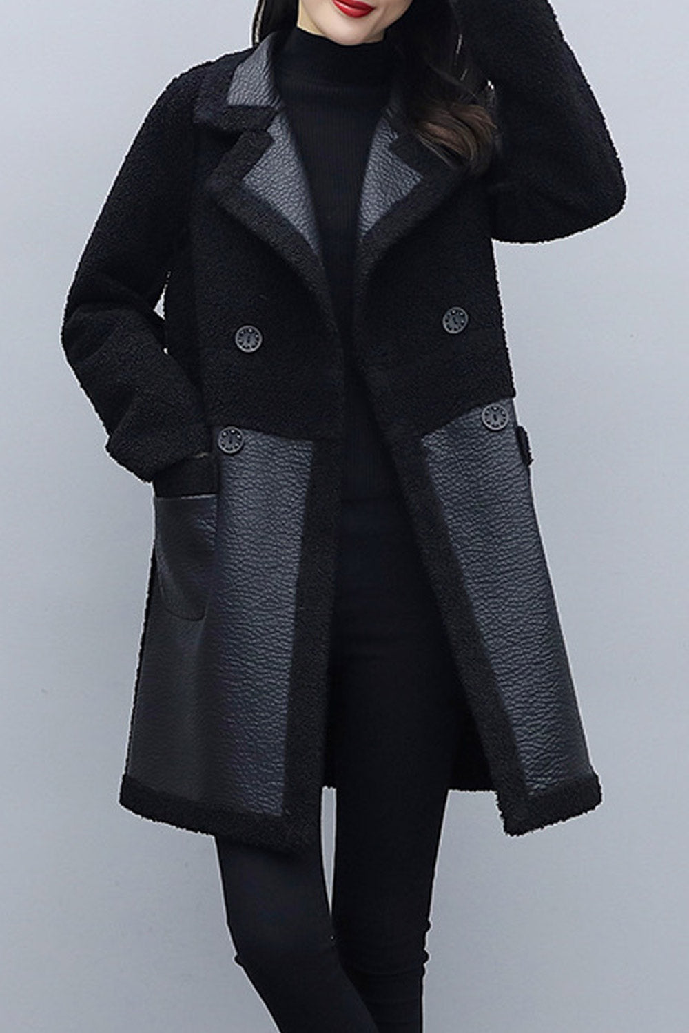 Women Super Snug Lapel Collar Buttoned Fastener Long Sleeves Patch Pocket Double Edged Cozy Leather Jacket