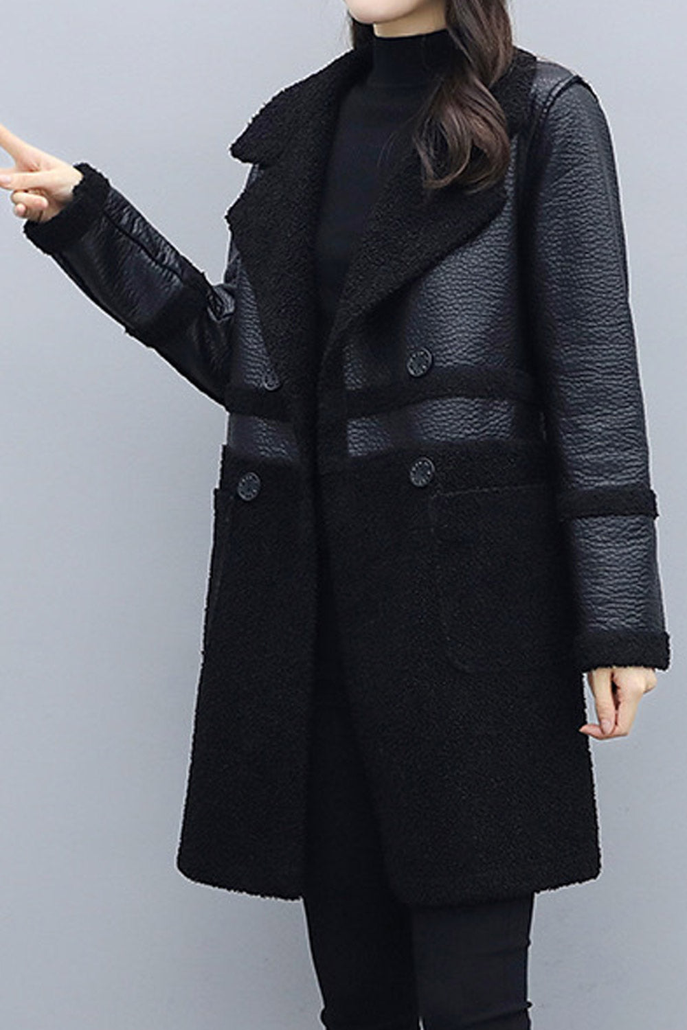 Women Super Snug Lapel Collar Buttoned Fastener Long Sleeves Patch Pocket Double Edged Cozy Leather Jacket