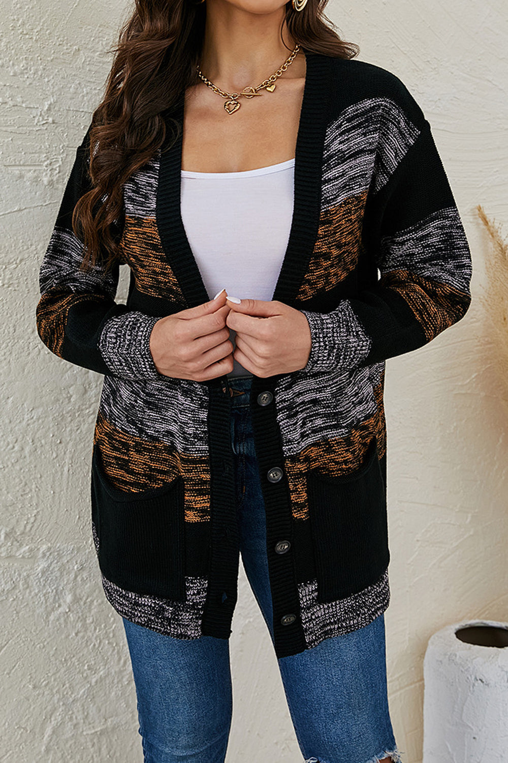 Women Fascinating Contrast Color Stripe Pattern Button Closure Winter Fashionic Knitted Warm Cardigan