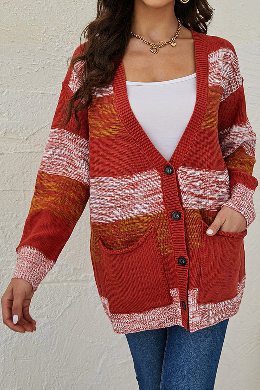 Women Fascinating Contrast Color Stripe Pattern Button Closure Winter Fashionic Knitted Warm Cardigan