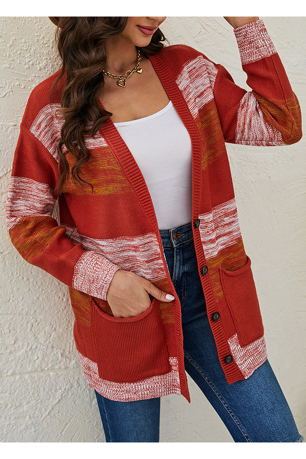 Women Fascinating Contrast Color Stripe Pattern Button Closure Winter Fashionic Knitted Warm Cardigan