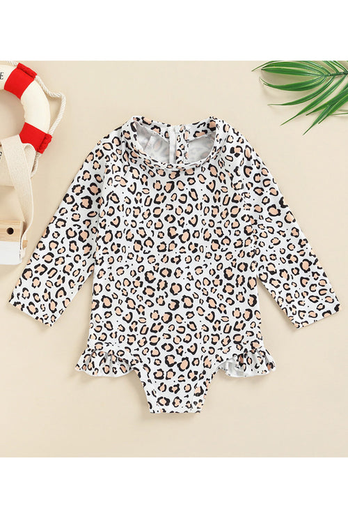 Baby Girl Leopard Print Long Sleeve Turtle Neck One piece Swimsuit