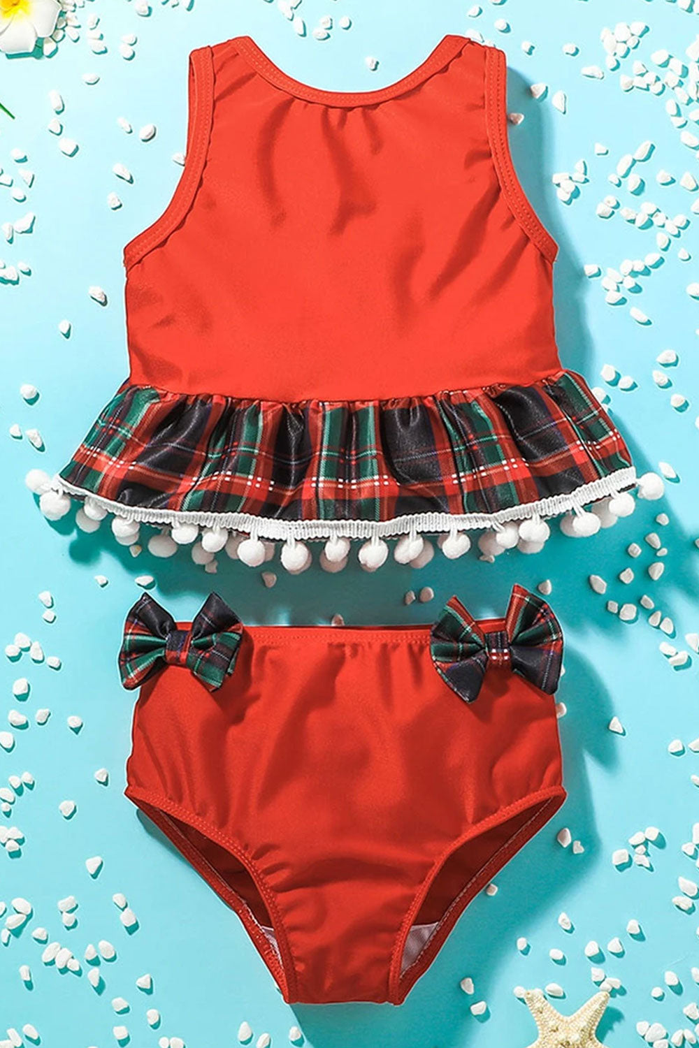 Baby Girls Bowknot Plaid Printed Tassels Two Piece Swimwear Swimsuit