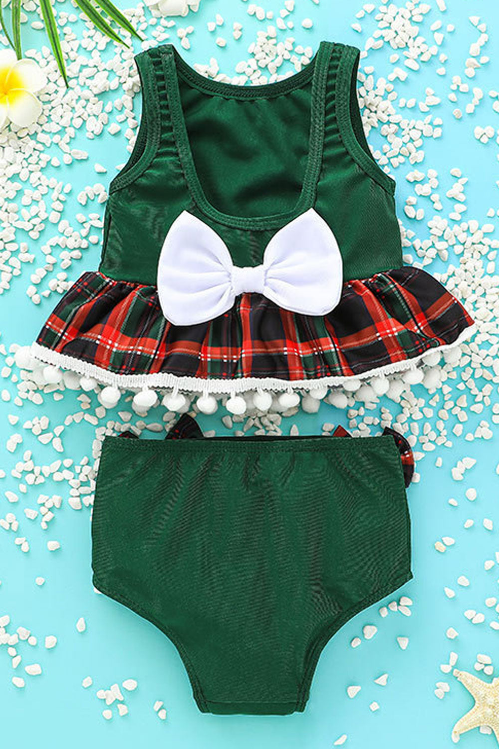 Baby Girls Bowknot Plaid Printed Tassels Two Piece Swimwear Swimsuit