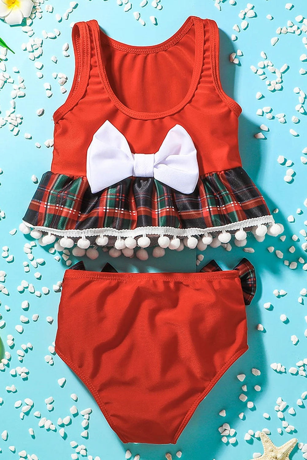 Baby Girls Bowknot Plaid Printed Tassels Two Piece Swimwear Swimsuit