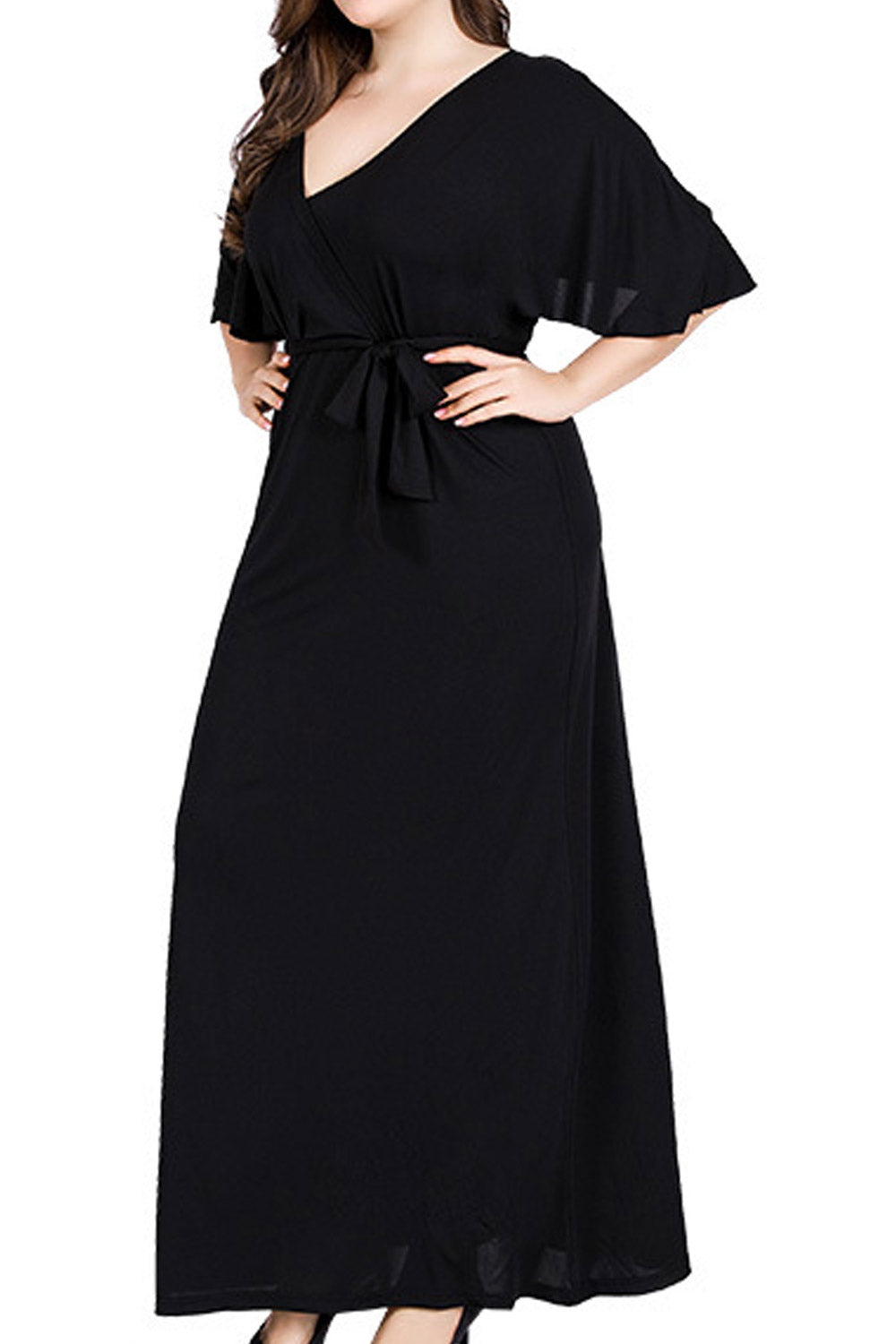 Women Plus V Neck Short Sleeve Belted High Waist Tunic Dress