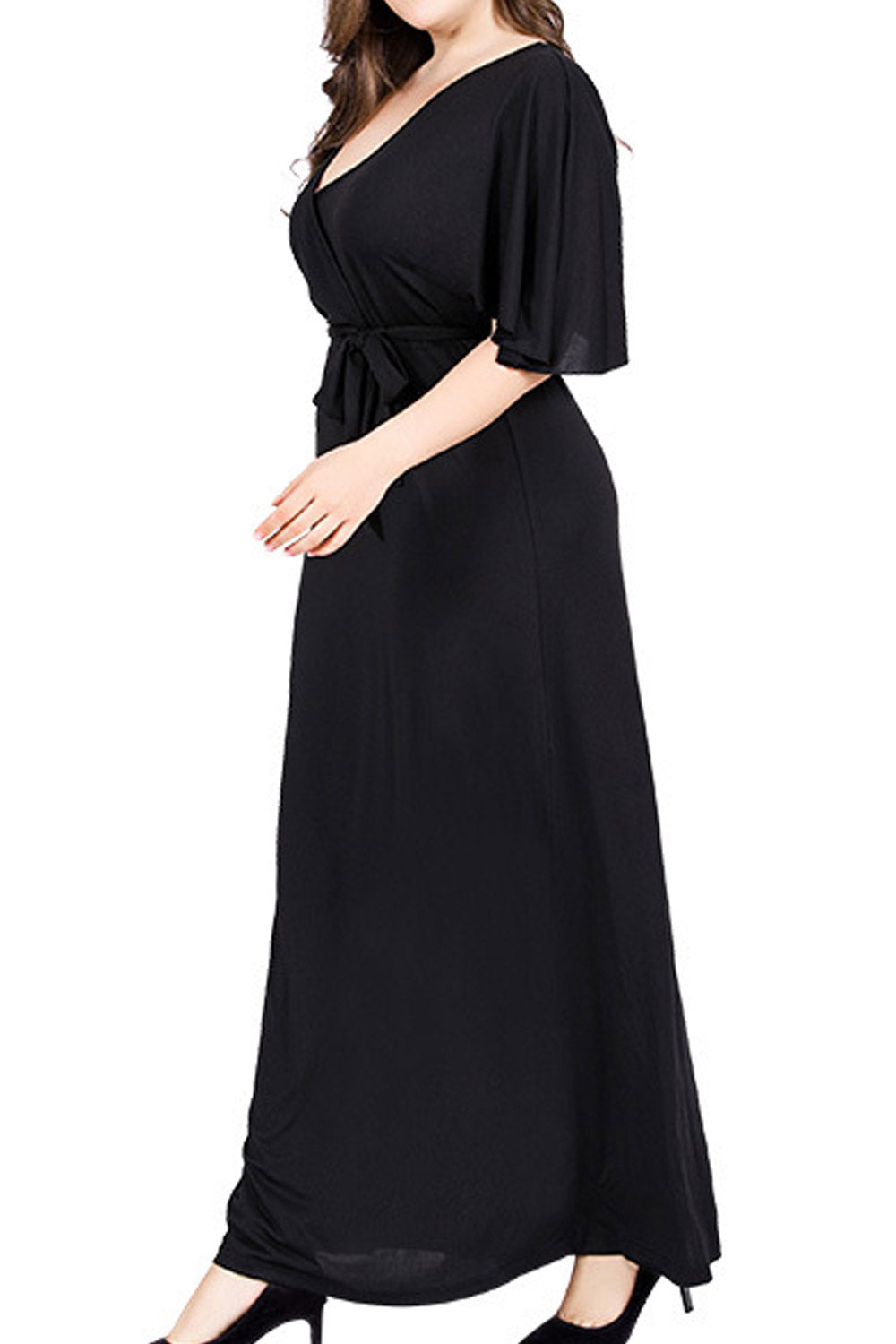 Women Plus V Neck Short Sleeve Belted High Waist Tunic Dress