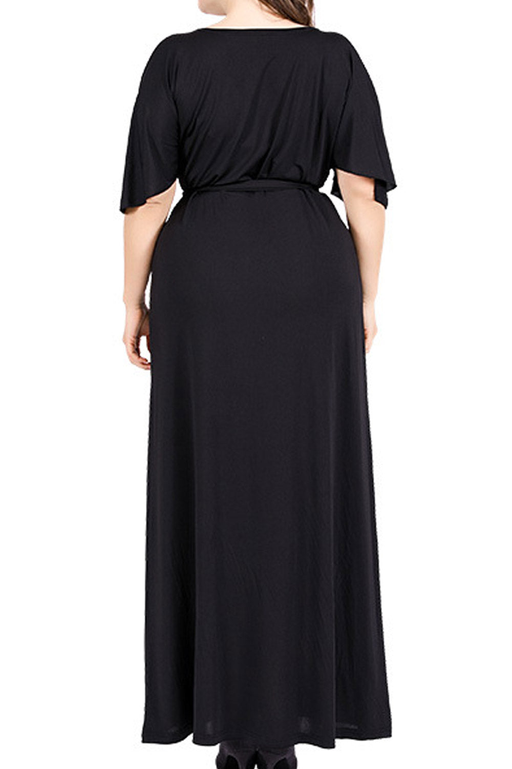 Women Plus V Neck Short Sleeve Belted High Waist Tunic Dress