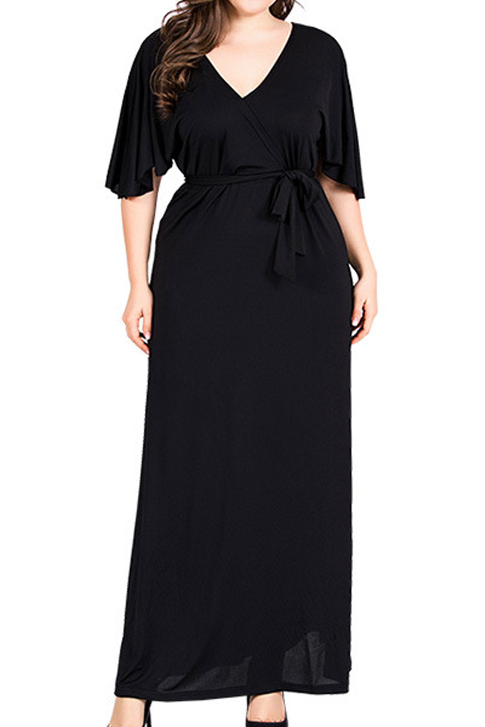 Women Plus V Neck Short Sleeve Belted High Waist Tunic Dress