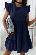 Women Fashion Ruffle Round Neck Short Sleeve Solid Color Cute Dress