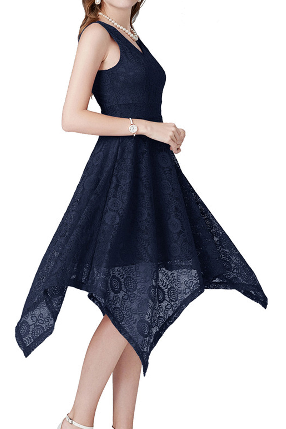 Women Sleeveless Lace Flower Elegant Evening Party Dress