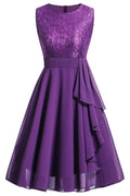 Women Lace Stitching Sleeveless Lace Chiffon O-Neck Party Dress