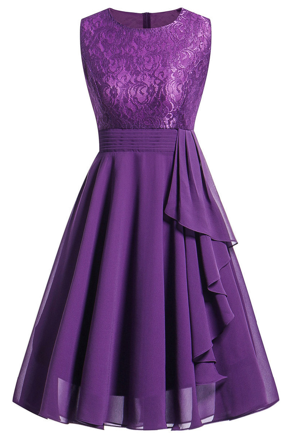 Women Lace Stitching Sleeveless Lace Chiffon O-Neck Party Dress