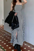 Women Fashion Houndstooth Pattern Double Front Slit Maxi Dress