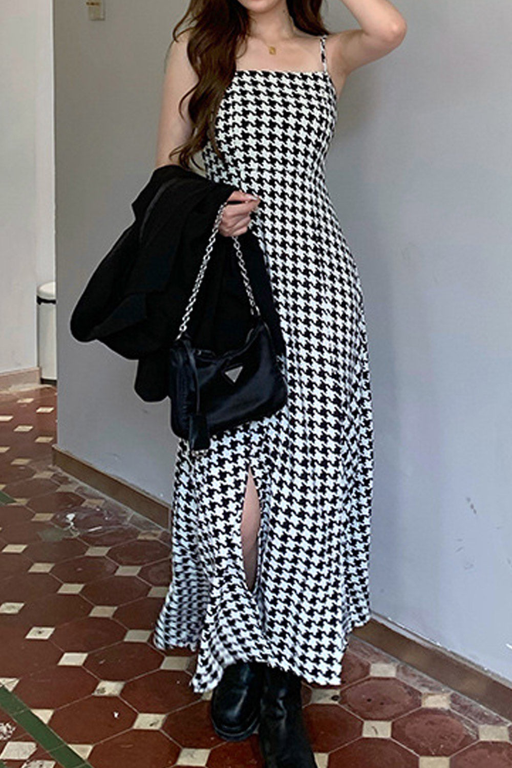 Women Fashion Houndstooth Pattern Double Front Slit Maxi Dress