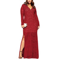 Women V-Neck Lace Long Sleeve Red Gown