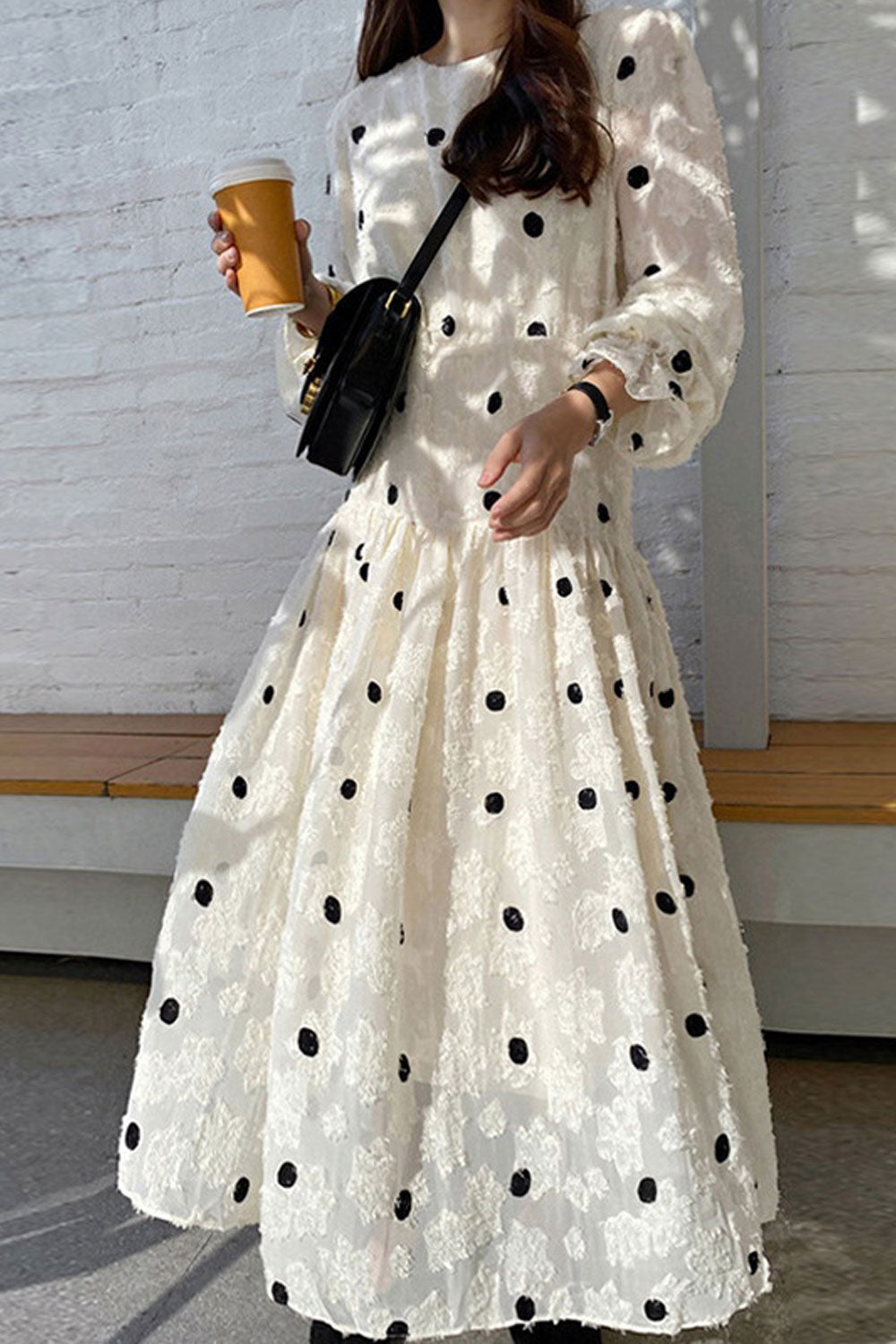 Women's Round Neck Flower Puff Sleeve Mid-Length Dress For Women
