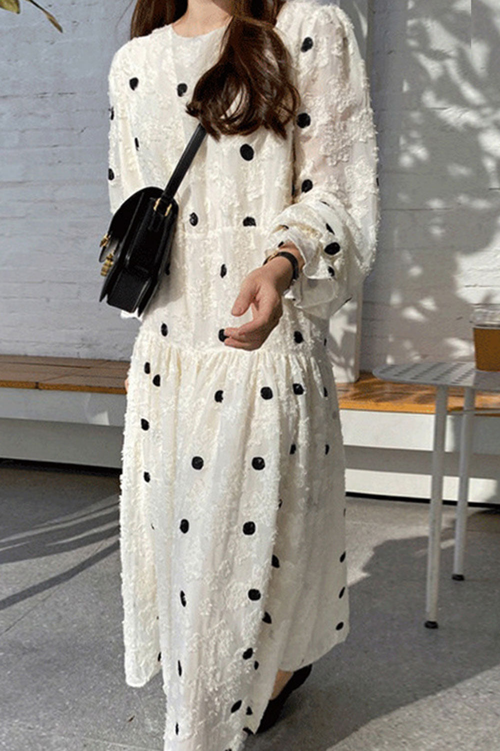 Women's Round Neck Flower Puff Sleeve Mid-Length Dress For Women