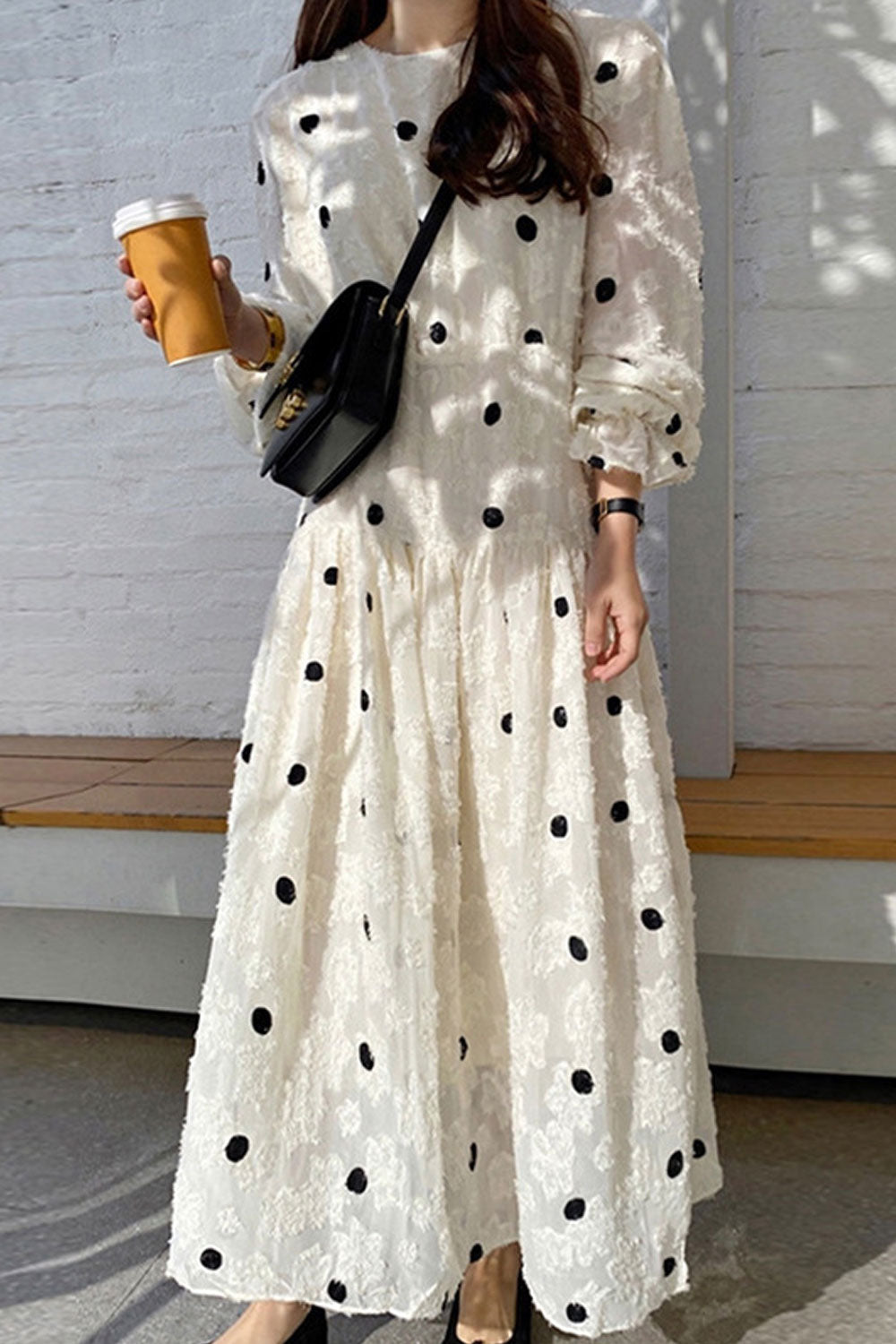 Women's Round Neck Flower Puff Sleeve Mid-Length Dress For Women