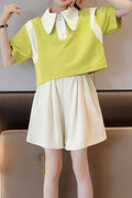Kids Girls Summer Autumn Lapel Short-Sleeved Two-Piece Set