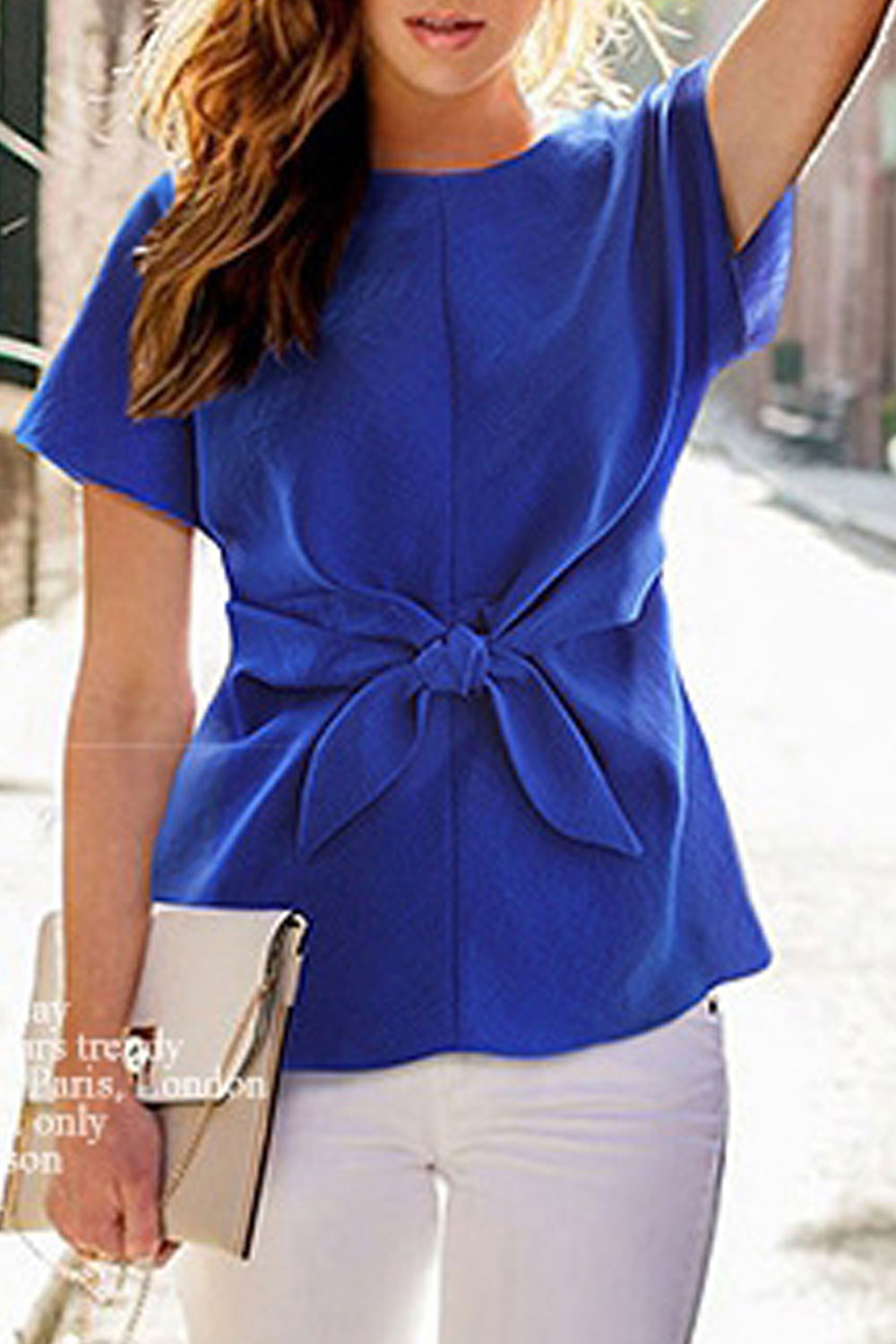 Women Beautiful Solid Color Round Neck Short Sleeve Top
