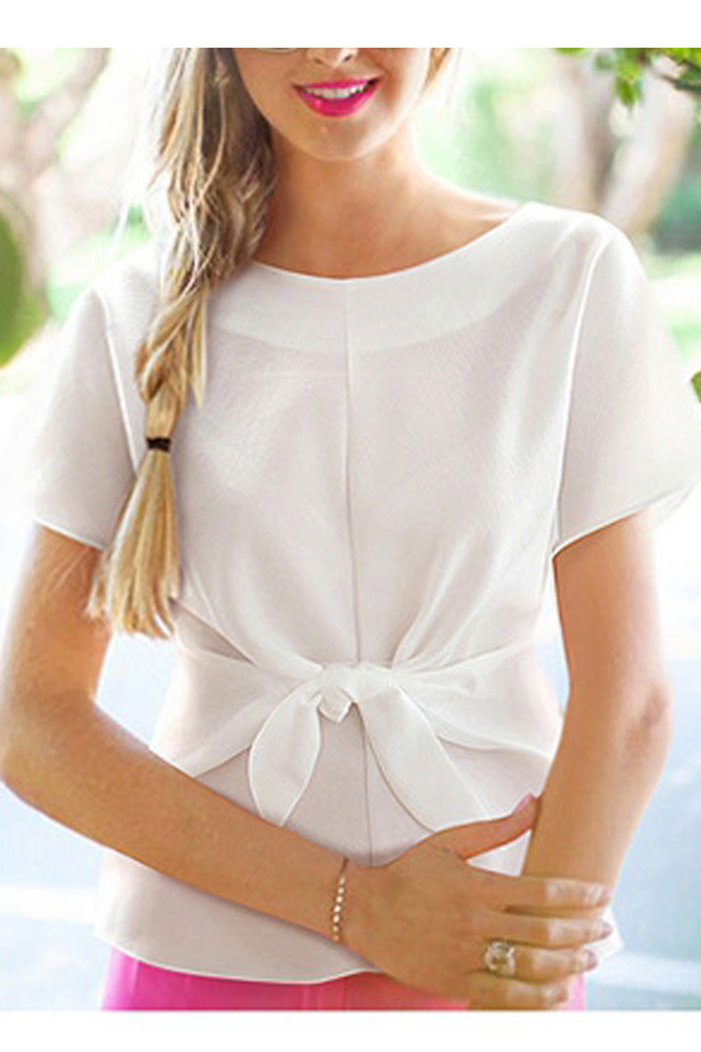 Women Beautiful Solid Color Round Neck Short Sleeve Top