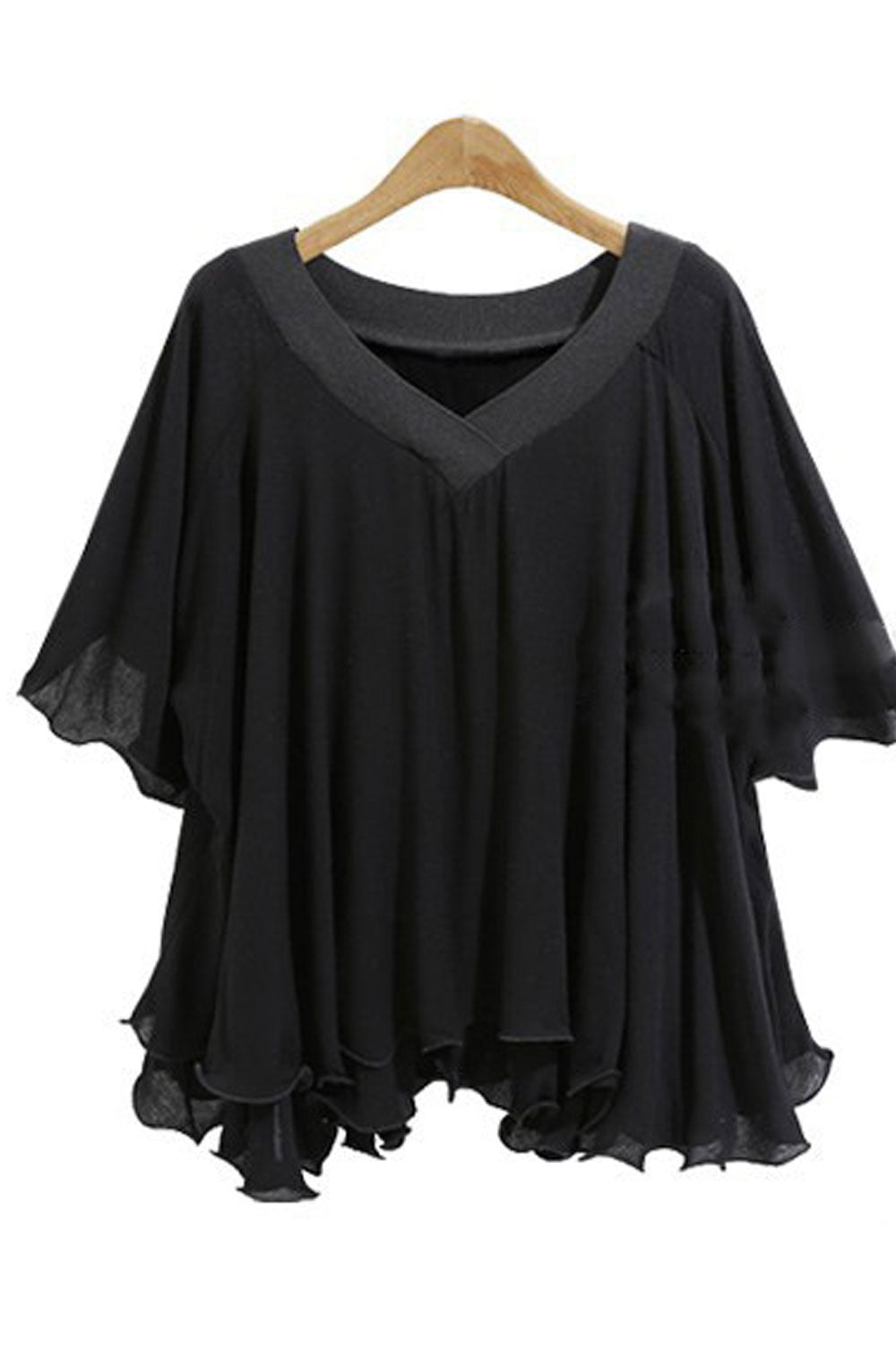 Women Fashionable Solid Color V Neck Ruffled Hem Top