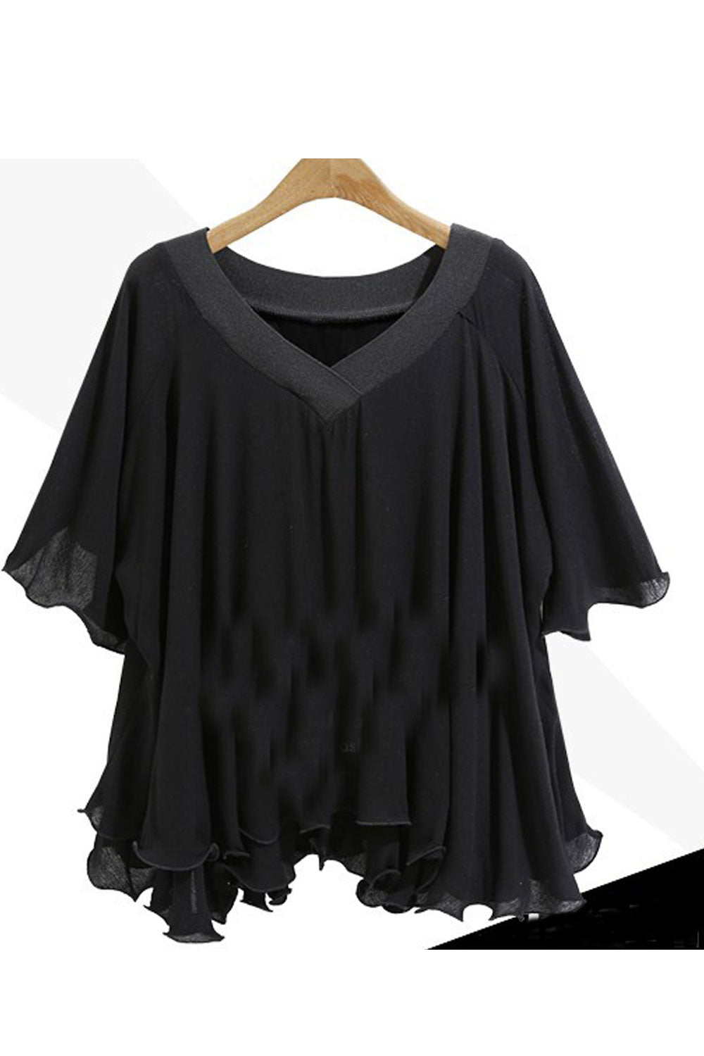 Women Fashionable Solid Color V Neck Ruffled Hem Top