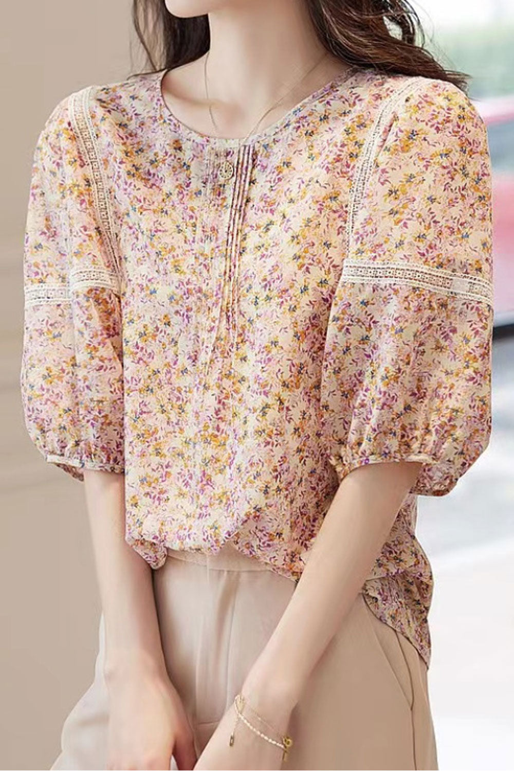 Women's French Floral Puff Sleeve Five-Quarter Sleeve Top