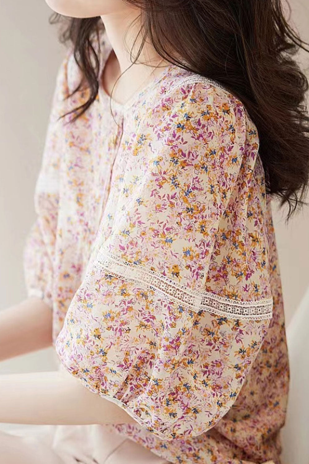 Women's French Floral Puff Sleeve Five-Quarter Sleeve Top
