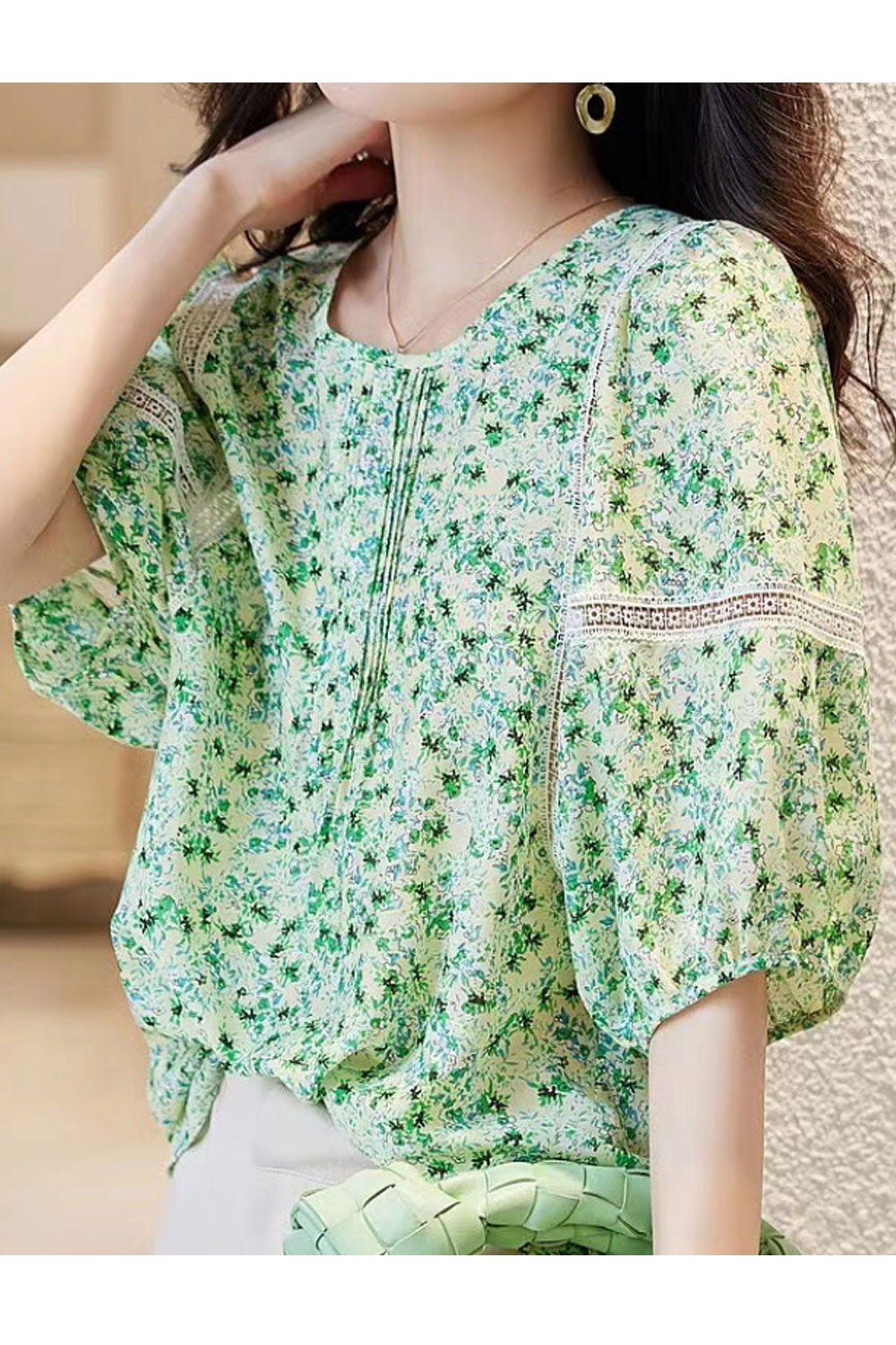 Women's French Floral Puff Sleeve Five-Quarter Sleeve Top