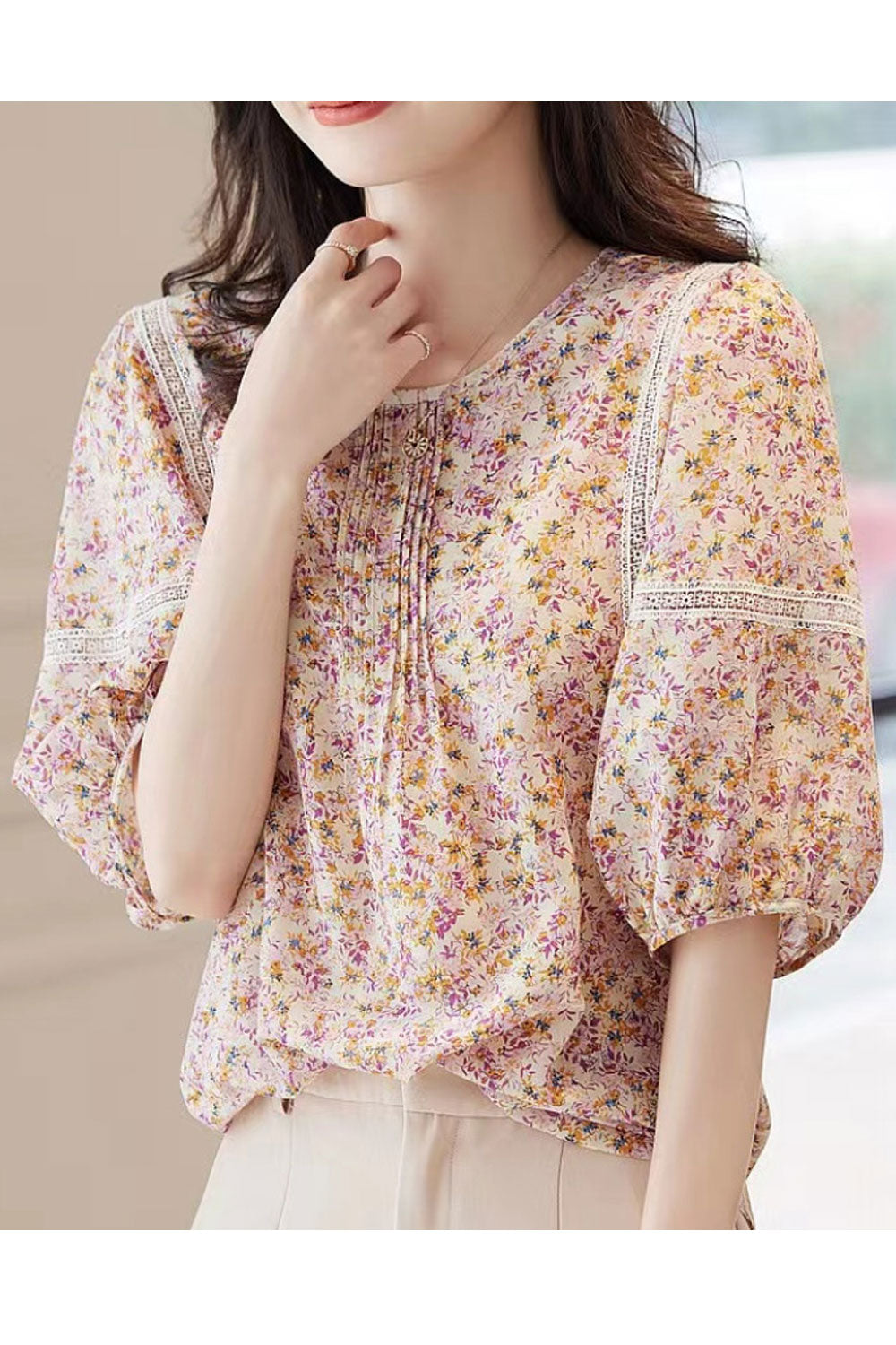 Women's French Floral Puff Sleeve Five-Quarter Sleeve Top