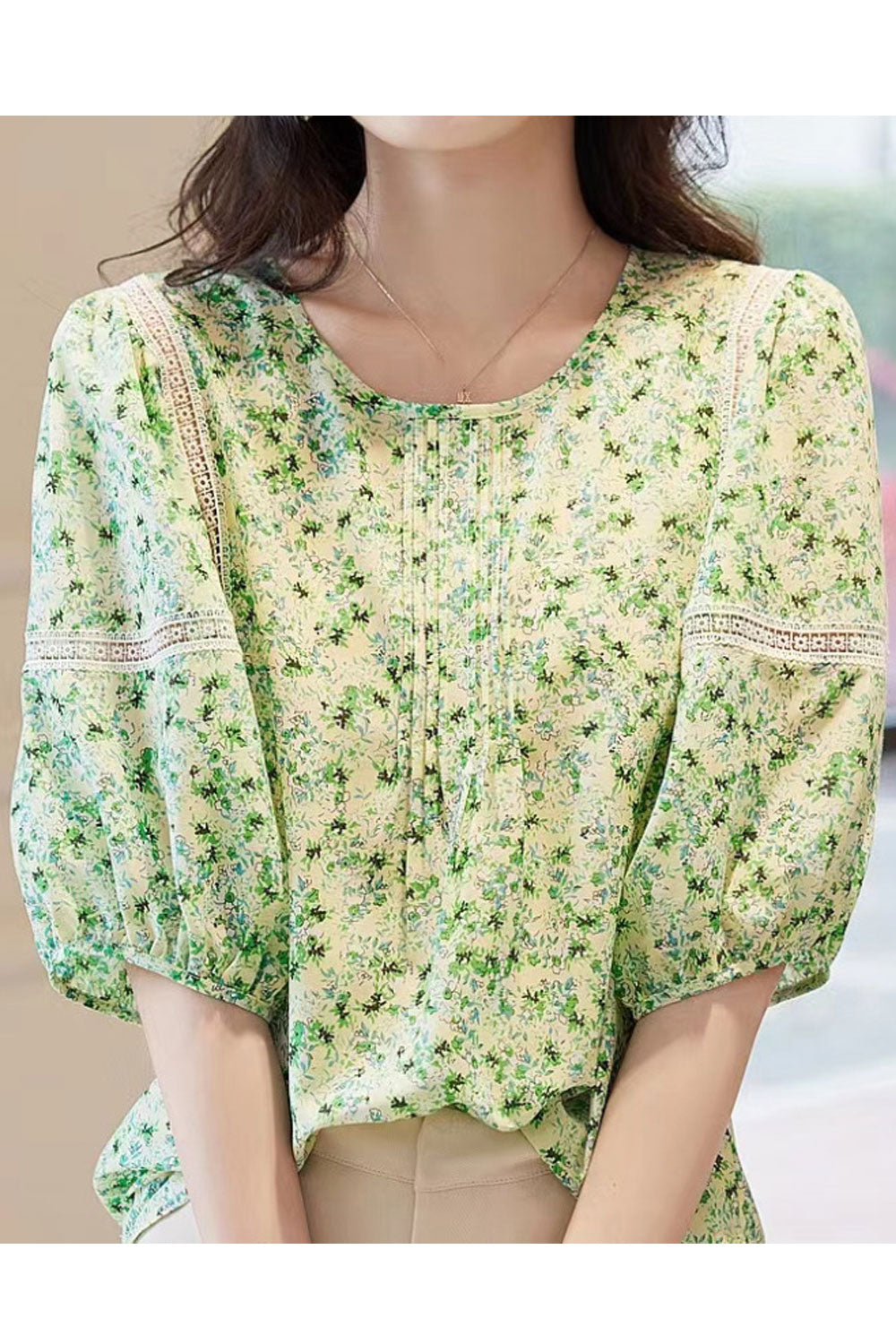 Women's French Floral Puff Sleeve Five-Quarter Sleeve Top