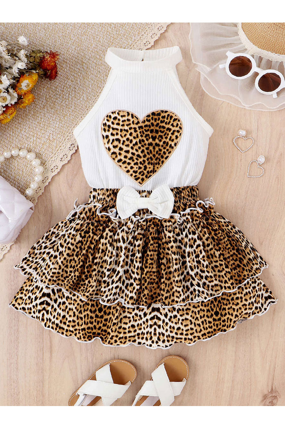 ids Girls New Fashion Leopard Print Sleeveless Love Top + Cake Shape Skirt Summer Two Piece Set