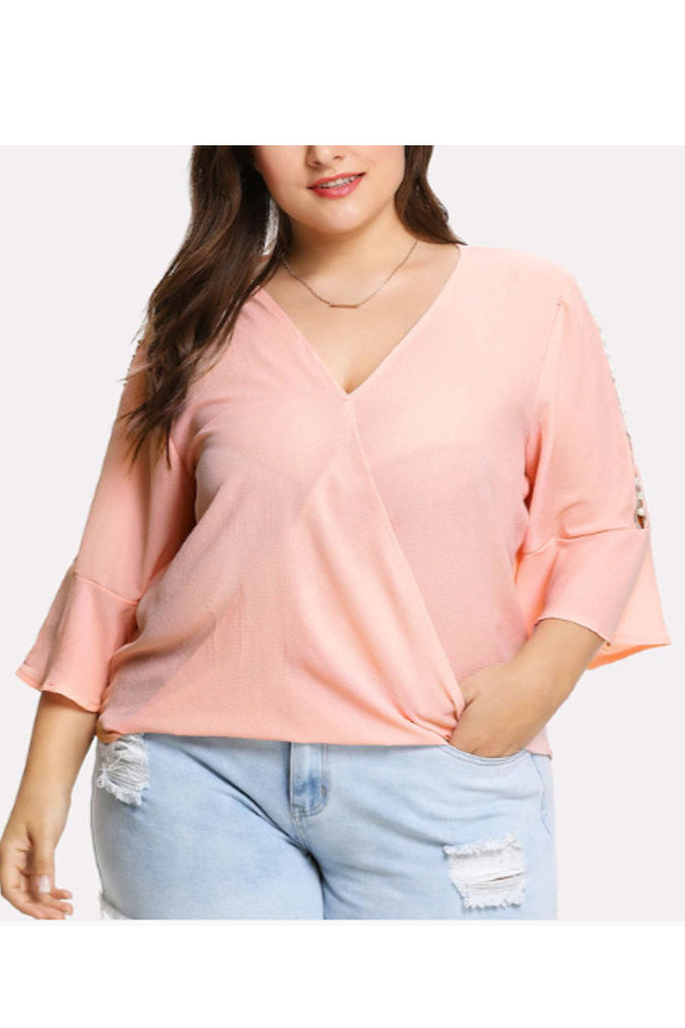 Women Charming Solid Color V Neck Trumpet Sleeve Top
