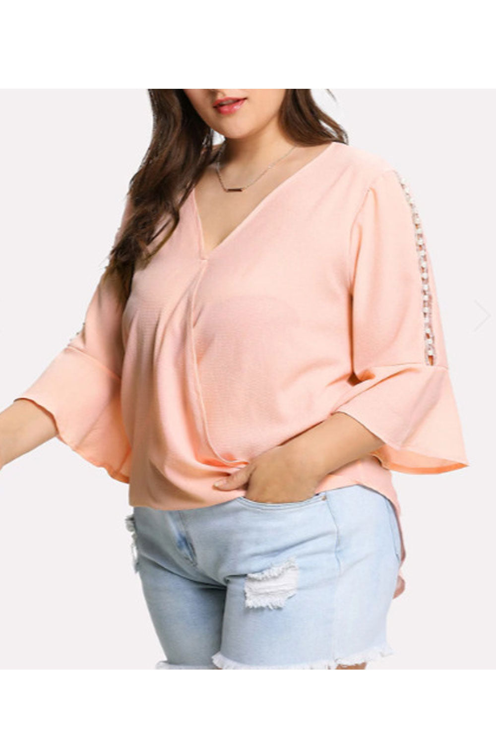 Women Charming Solid Color V Neck Trumpet Sleeve Top