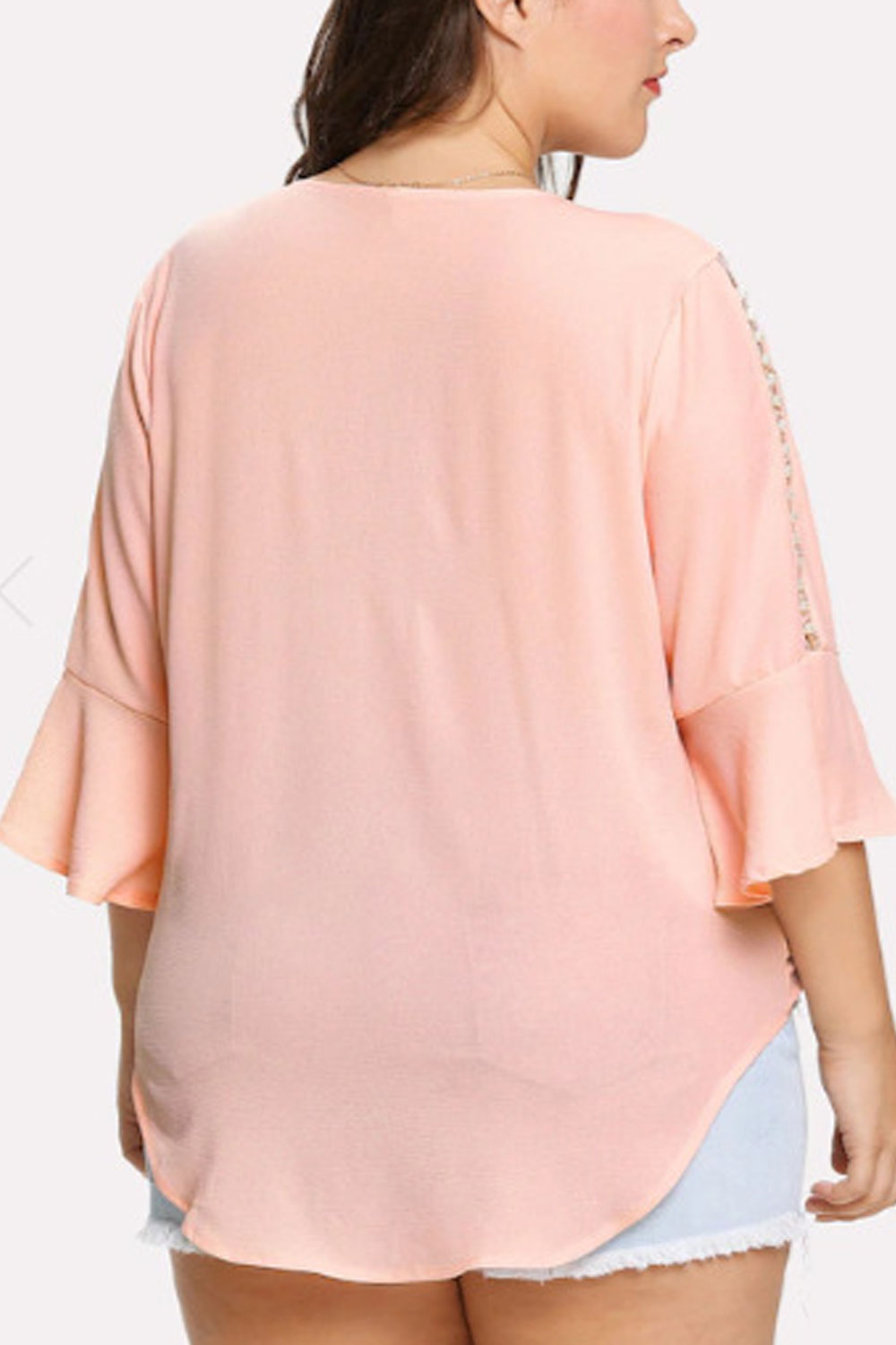 Women Charming Solid Color V Neck Trumpet Sleeve Top