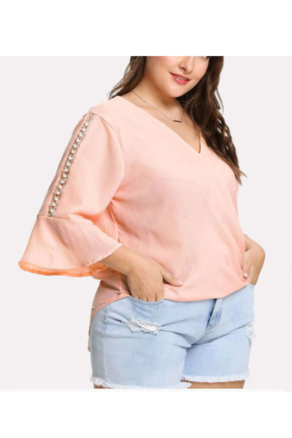 Women Charming Solid Color V Neck Trumpet Sleeve Top