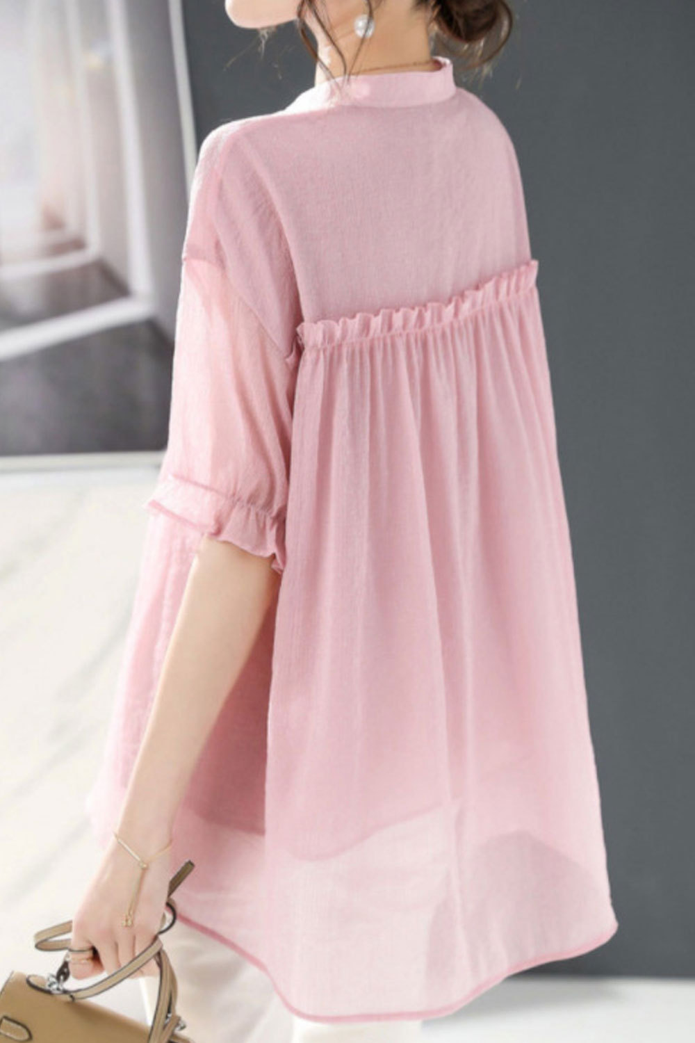 Women's Short-Sleeved Chiffon Slim Collar Design Shirt Top