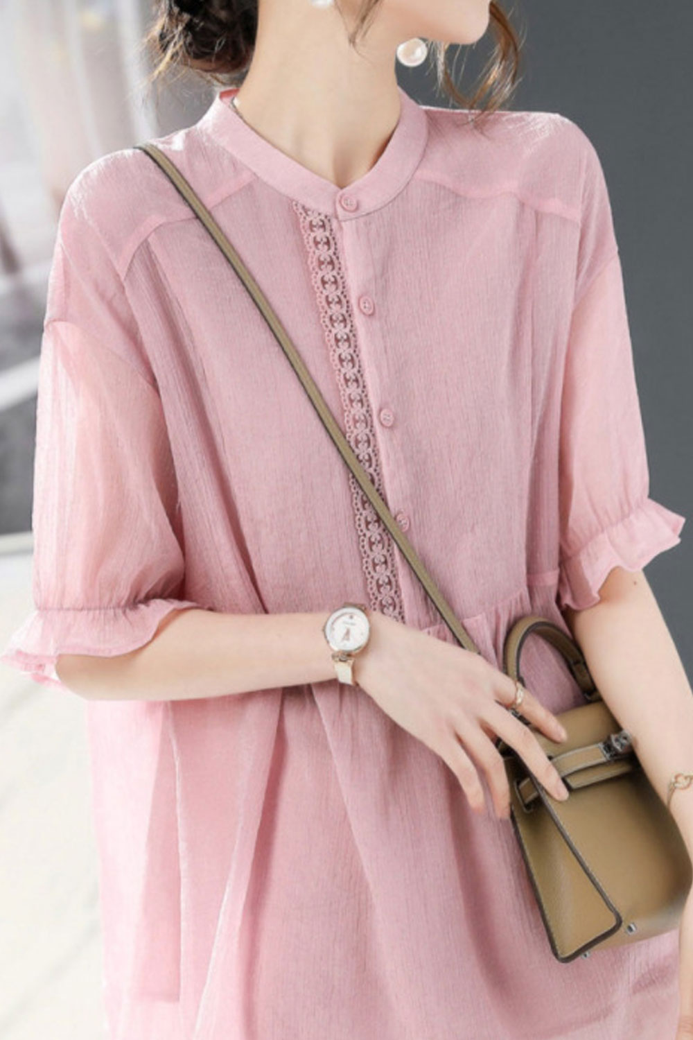 Women's Short-Sleeved Chiffon Slim Collar Design Shirt Top