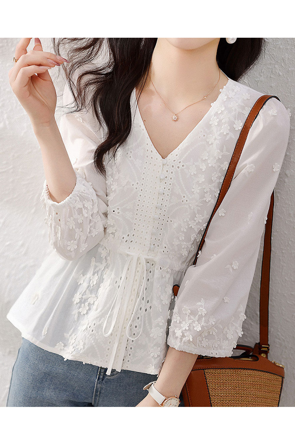 Women's Fashion Style Flower Decoration V-Neck Shirt Top