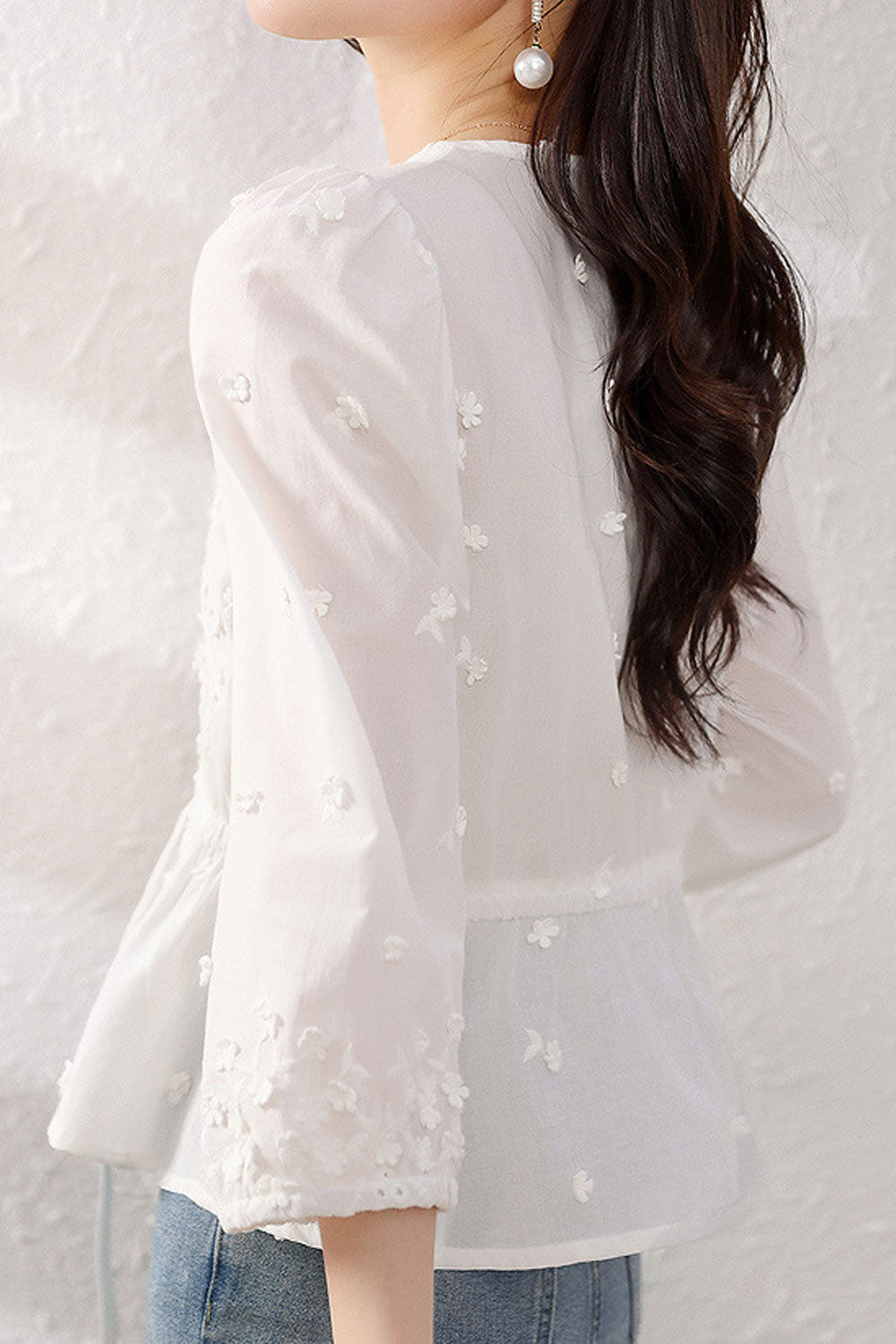 Women's Fashion Style Flower Decoration V-Neck Shirt Top